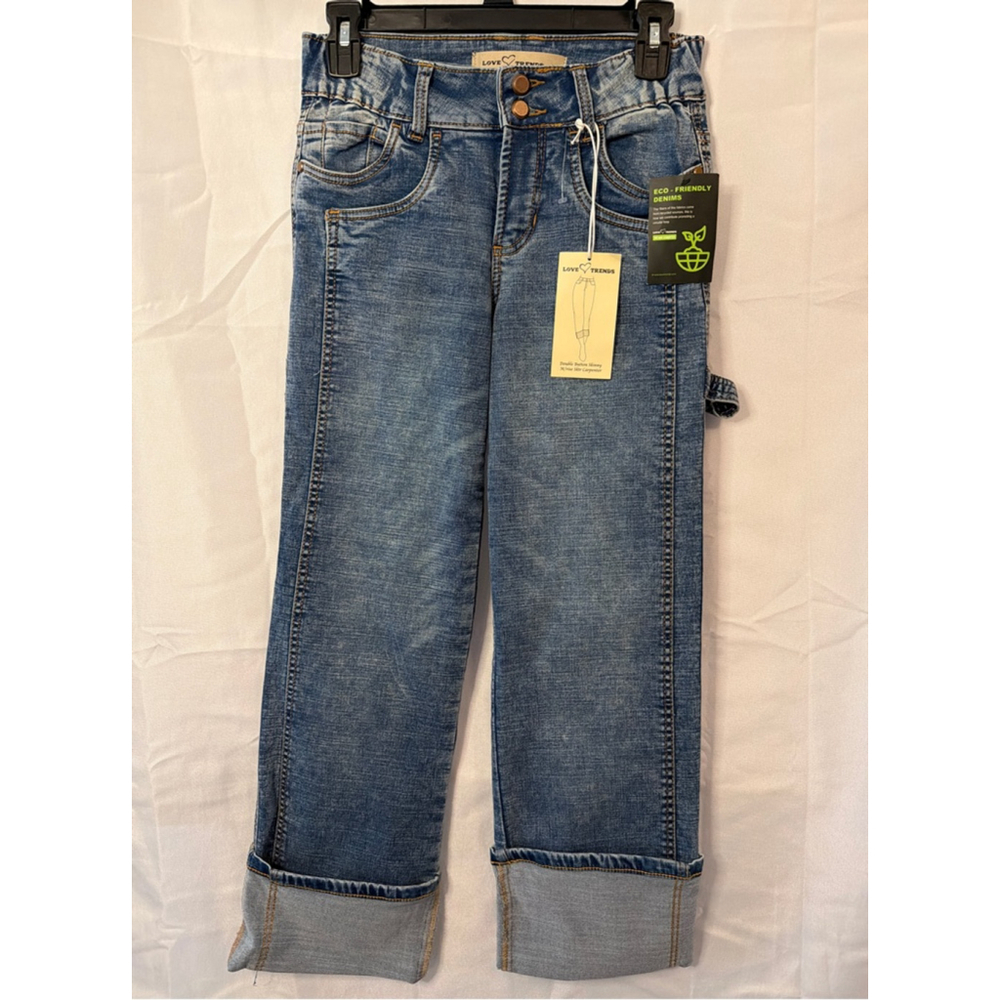 LOVE TRENDS Cropped Skater Utility Jeans Juniors Size 5 Coquette Cottage Bow - Picture 4 of 5